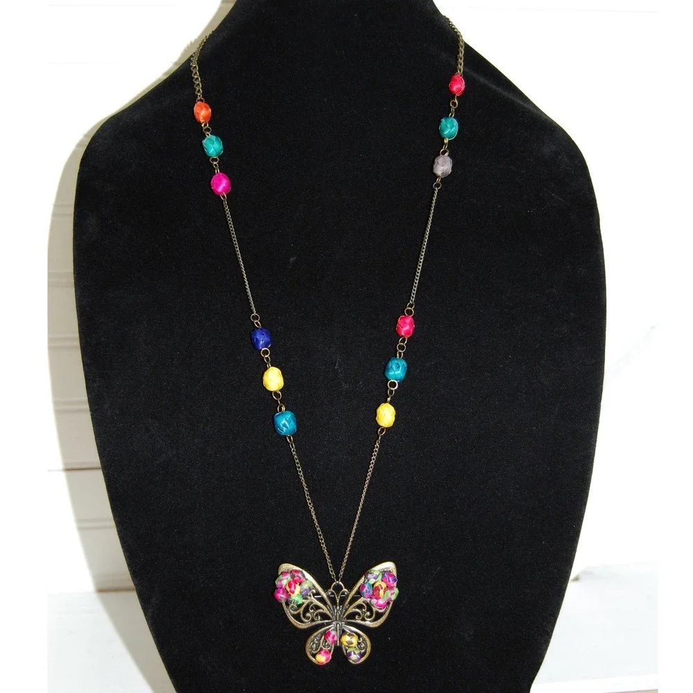 Vintage Canasta Butterfly necklace Mexican jewelry Multicolor Brass‎